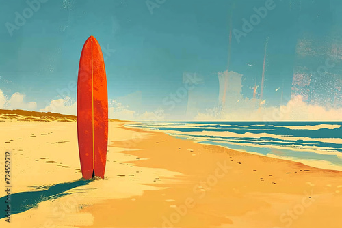 illustration of a red surfboard standing upright on a sunny beach with blue sky © youriy