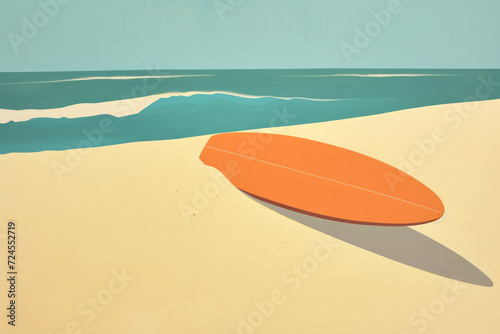 Minimalistic illustration of an orange surfboard on a sandy beach with blue waves