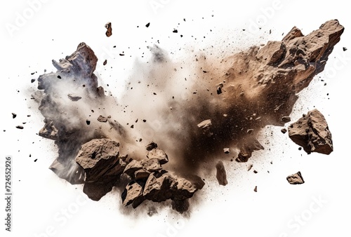 The rocks collide with each other and break until dust is scattered on the white background.