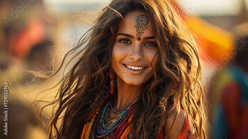 Portrait of happy Indian woman celebrating Holi with powder colours or gulal. Concept of Indian festival Holi.