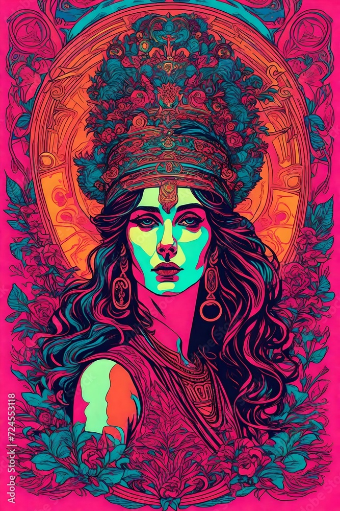 a vintage retro psychedelic black light concert gig band music poster featuring a woman greek goddess