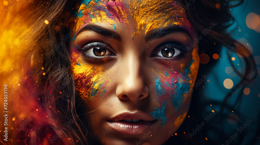Portrait of happy Indian woman celebrating Holi with powder colours or gulal. Concept of Indian festival Holi.