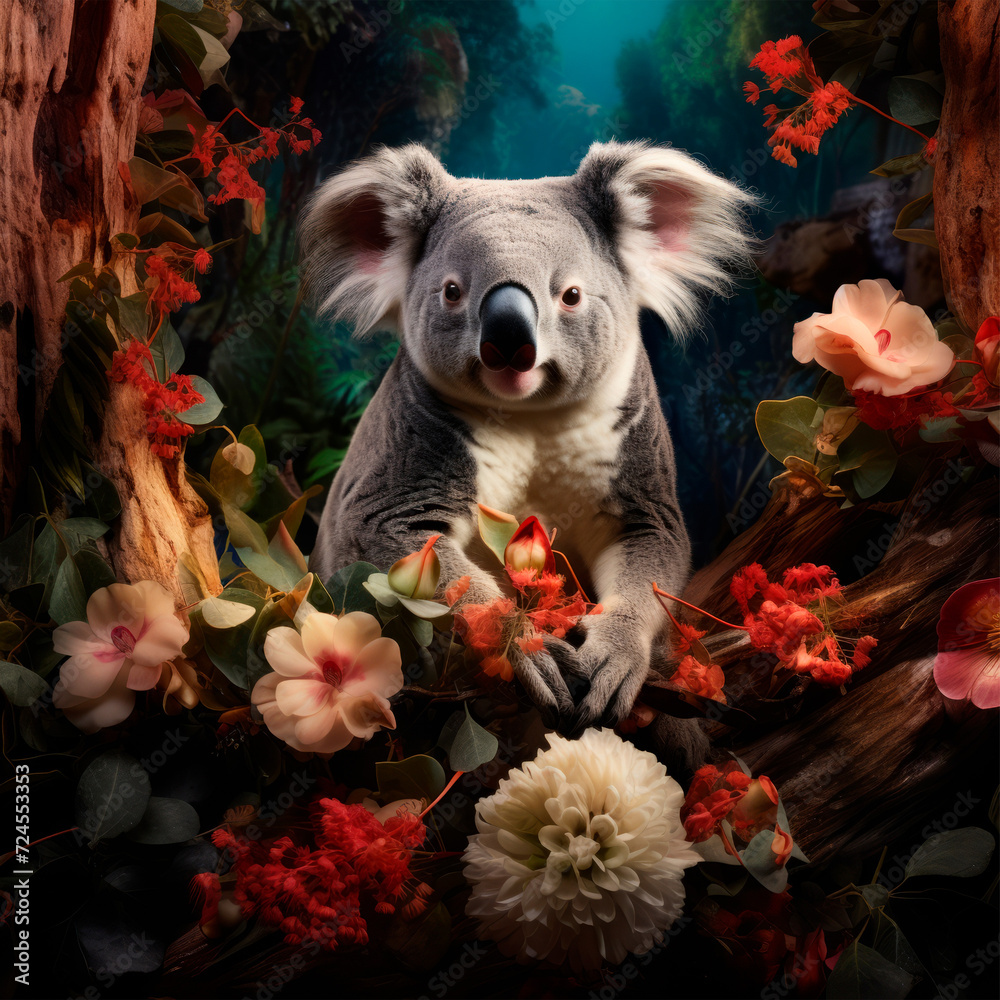 A koala, surrounded by brightly colored flowers and parrots, on a dark background. Wildlife Conservation. Popular tourist destinations in Australia. Abstract background with animals A koala, surrounded by brightly colored flowers and parrots, on a dark background. Wildlife Conservation. Popular tourist destinations in Australia. Abstract background with animals