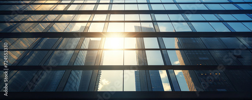 View of glass windows on skyscraper reflecting sunset light.