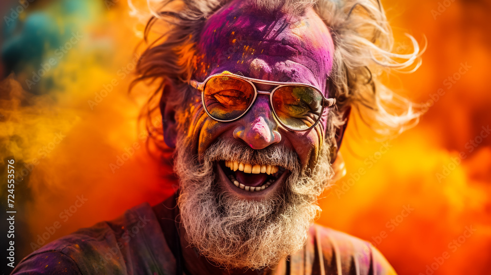 Laughing young woman with dry color powder Holi exploding around her