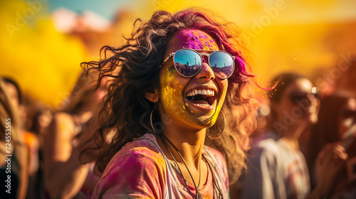 Laughing young woman with dry color powder Holi exploding around her