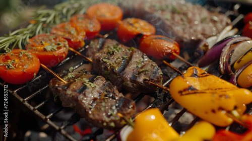 Various vegetables and meat grilling on a barbecue over the hot coals