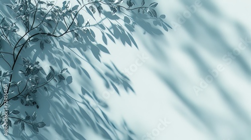 Minimalistic abstract gentle light blue background for product presentation with light and intricate shadow from tree branches on wall.