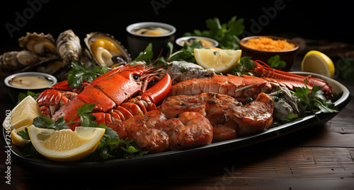 Seafood feast with a lobster, crab, and shrimp displayed on a seafood platter.Ai generated