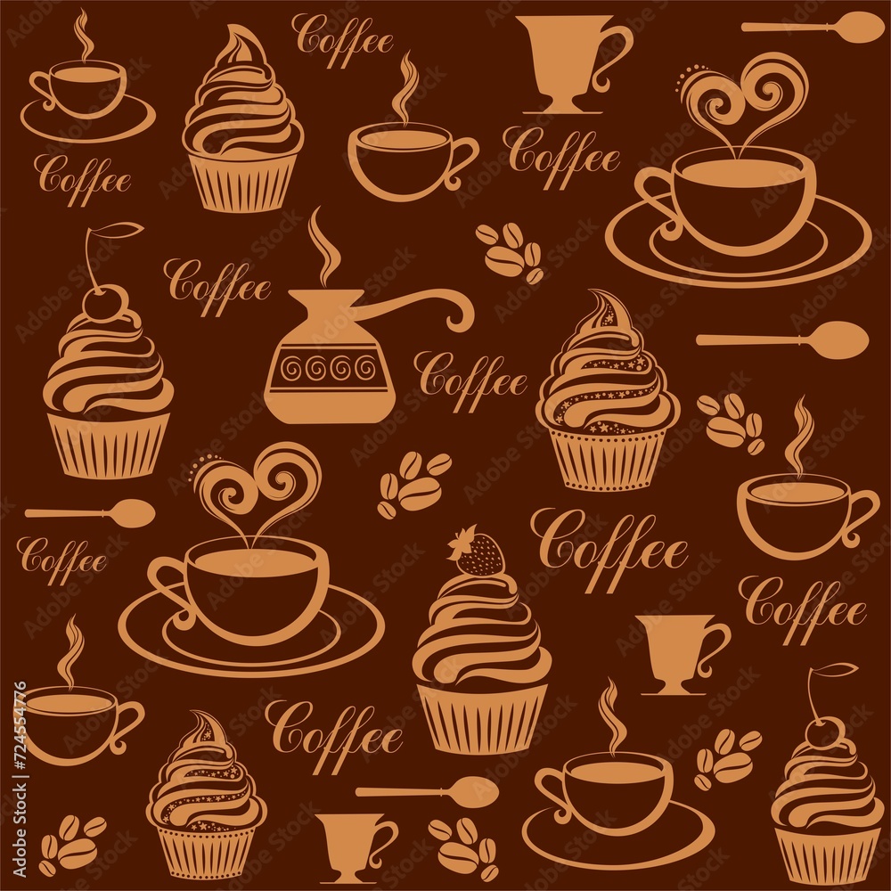 Coffee seamless pattern with lettering, coffee beans and cups. Restaurant menu. Good for textile fabric design, wrapping paper, website wallpapers, textile, wallpaper and apparel.  illustration