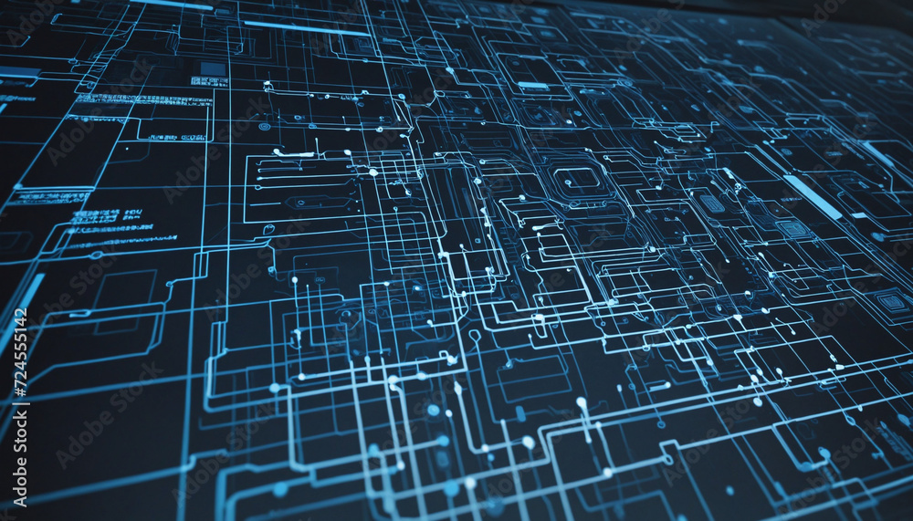 Blue background with shiny lines on black, abstract matrix data network ...