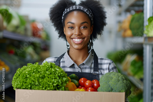 Happy young woman with curly hair holding box of vegetables in store