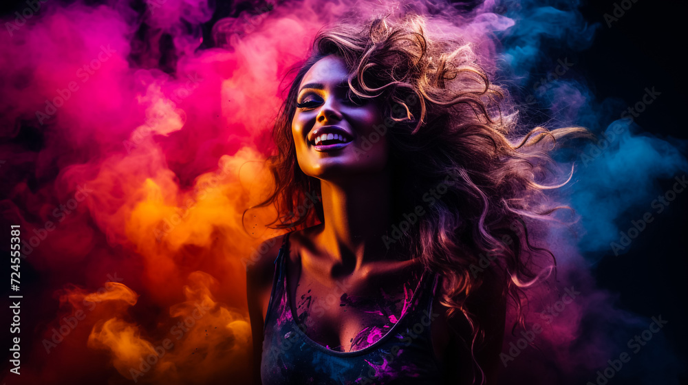 Holi Festival Of Colours. Portrait of happy indian girl in traditional hindu sari on holi color . india woman silver jewelry with powder paint on dress ,colorful pink and blue hair in Goa Kerala