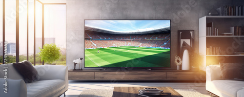 Big Flat Televison with soccer match in modern living room.