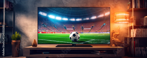 Big Flat Televison with soccer match in modern living room. © Alena