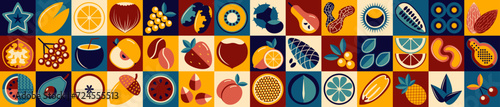 Spring fruits, nuts and seeds mosaic pattern. Scandinavian geometric style. Eco agriculture concept. Abstraction.