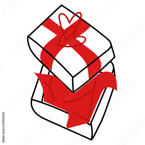 An open doodle gift box in red colors. Illustration of a gift box. An open gift. Surprise. Drawing doodles by hand. A nice, funny drawing. Vector illustration for Valentine's Day