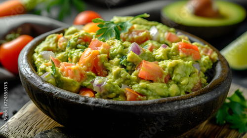 Dish of guacamole is in a bowl
