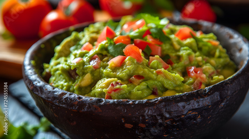 Dish of guacamole is in a bowl
