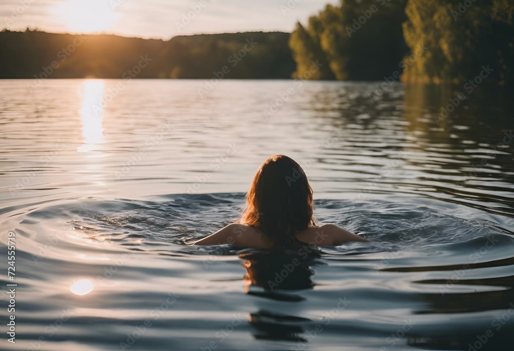 Fototapeta premium woman swimming in the water with trees surrounding her head and neck