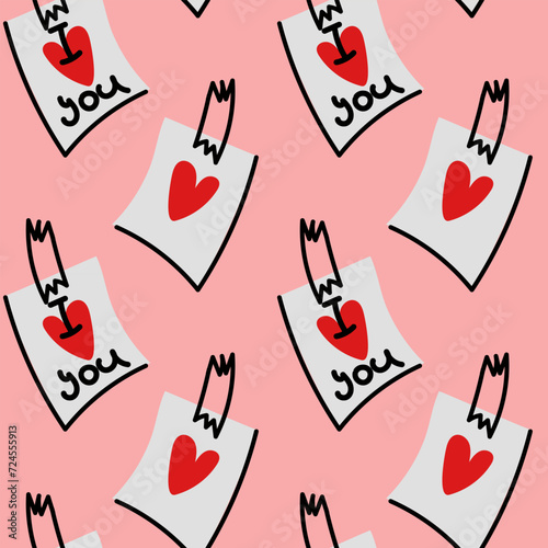 Notes on paper I love you doodle pattern. A cute message taped to it . Handwritten abbreviated text in the shape of a heart. Vector doodle illustration in white, black and red colors. Valentine's Day