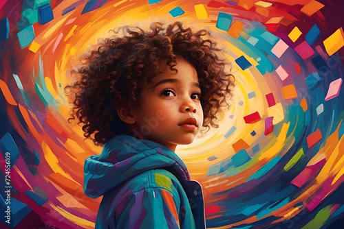 A child in a colorful imaginary world, ASD, autism spectrum disorder, child mental health awareness concept, generative AI