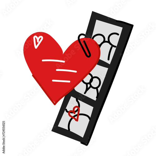 Valentine's Day postcard and photo strips from the photo booth, doodle. Photo card with paper hearts. Memories of Valentine's Day. The postcard with the photos is stapled with a paper clip
