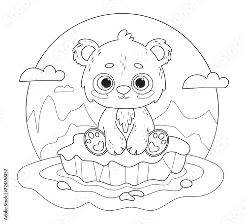 Cute little polar bear on ice floe. Vector illustration. Line drawing, coloring book. Kids collection. Holiday Polar Bear Day.