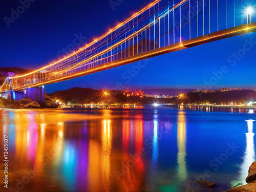 A modern suspension bridge illuminated by colorful lights, reflected in the shimmering waters below. © Nadia