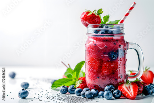 Glass jar of strawberry and blueberry smoothie isolated on white background