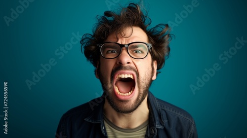 AI generated illustration of angry man with spectacles shouting loudly photo