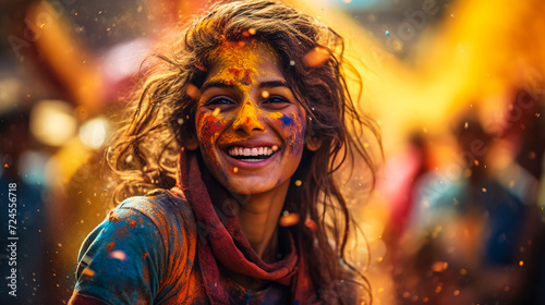 Beautiful joyful young woman celebrating Holi festival of colors, covered in rainbow colored powder with cyan sunglasses smiling at camera. Gorgeous party girl having fun with colorful powder © Mujahid