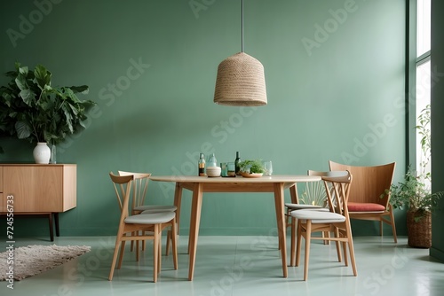 Mint chairs surround a wooden dining table in a room with a sofa, cabinet, and vibrant green wall. Capturing Scandinavian and mid-century design, it forms a modern, inviting living space