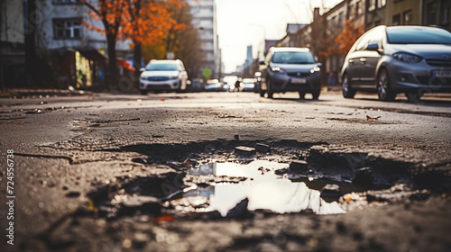 Ground-Level View of Dilapidated Asphalt Pavement with Potholes