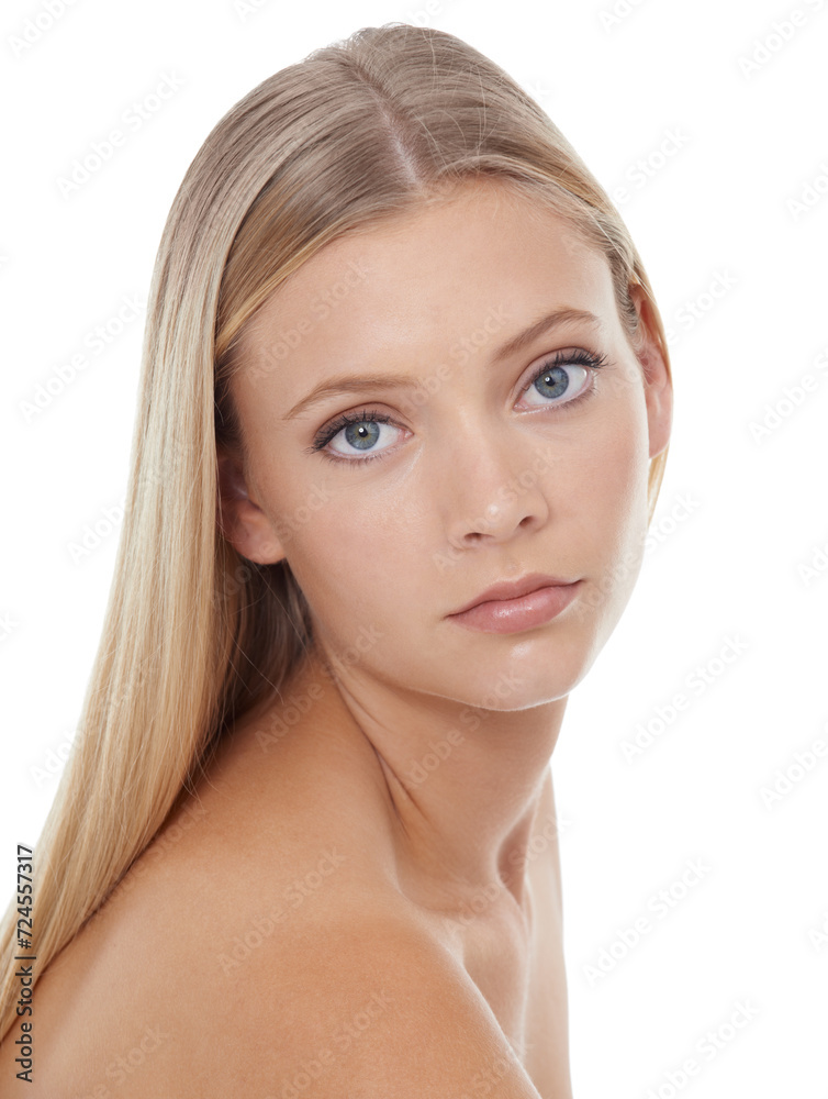 Woman, portrait and beauty with hair care in studio for cosmetics, keratin treatment and shampoo shine. Model, person and confidence with skincare, collagen texture and hairstyle on white background Woman, portrait and beauty with hair care in studio for cosmetics, keratin treatment and shampoo shine. Model, person and confidence with skincare, collagen texture and hairstyle on white background