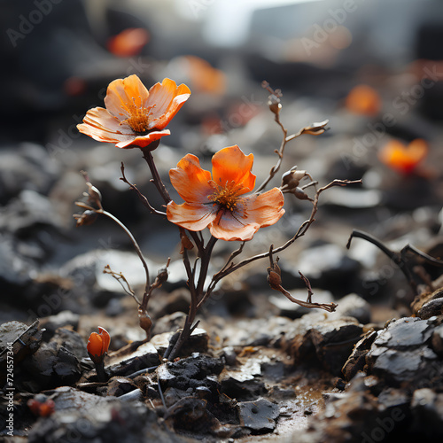 A small orange flower is growing up from cracked and dry mud © Mstluna