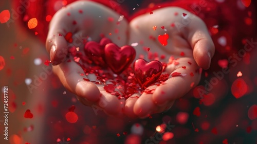 Closeup of woman hands holding Valentine s day small hearts. Romantic holiday concept.