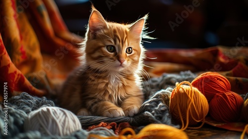 a cat knits woolen socks with knitting needles and a ball of thread