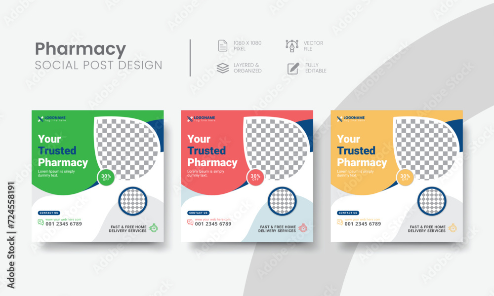 Pharmacy social media post design for medicine store banner ad. High-quality pharmacy shop social media post square layout template. Vol - 06 Pharmacy social media post design for medicine store banner ad. High-quality pharmacy shop social media post square layout template. Vol - 06