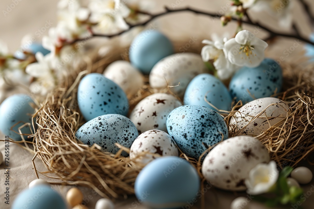 Easter poster and banner template with Easter eggs in the nest on light green background.Greetings and presents for Easter Day in flat lay styling.Promotion and shopping template for Easter Easter poster and banner template with Easter eggs in the nest on light green background.Greetings and presents for Easter Day in flat lay styling.Promotion and shopping template for Easter
