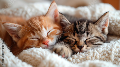 Two little fluffy kittens sleep funny at home on a crocheted blanket.