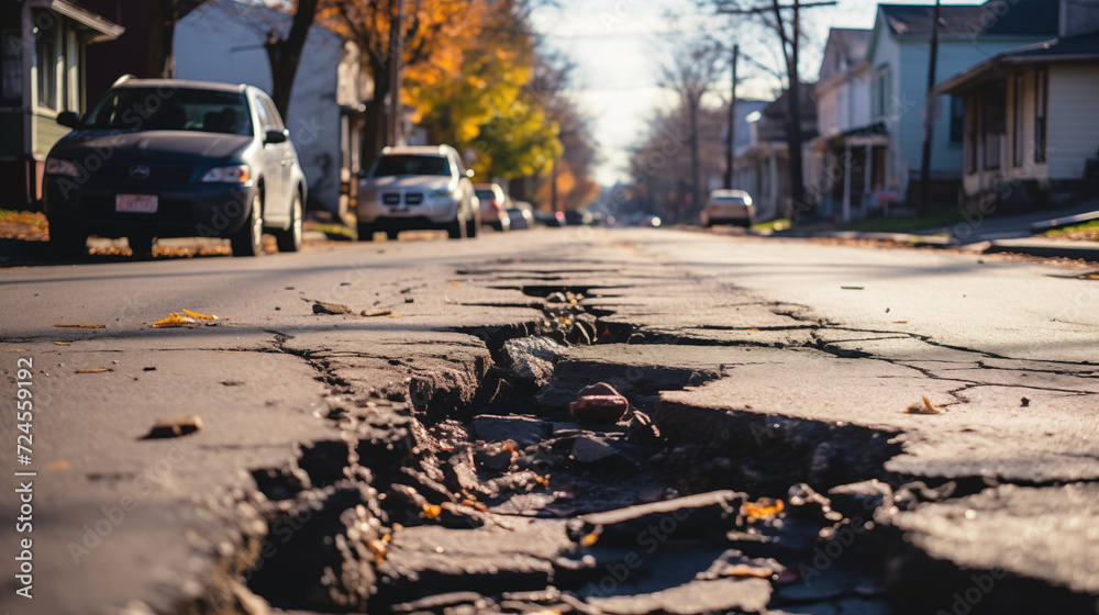 Ground-Level View of Dilapidated Asphalt Pavement with Potholes