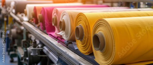 Rolls of colorful fabric line the production hall, highlighting the textile industry's vibrant and dynamic nature photo