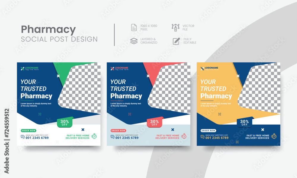 Pharmacy social media post design for medicine store banner ad. High-quality pharmacy shop social media post square layout template. Vol - 09