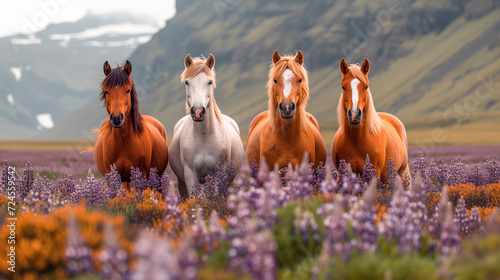 Adorable Icelandic horses in a pasture with mountains and lupines in the background photo