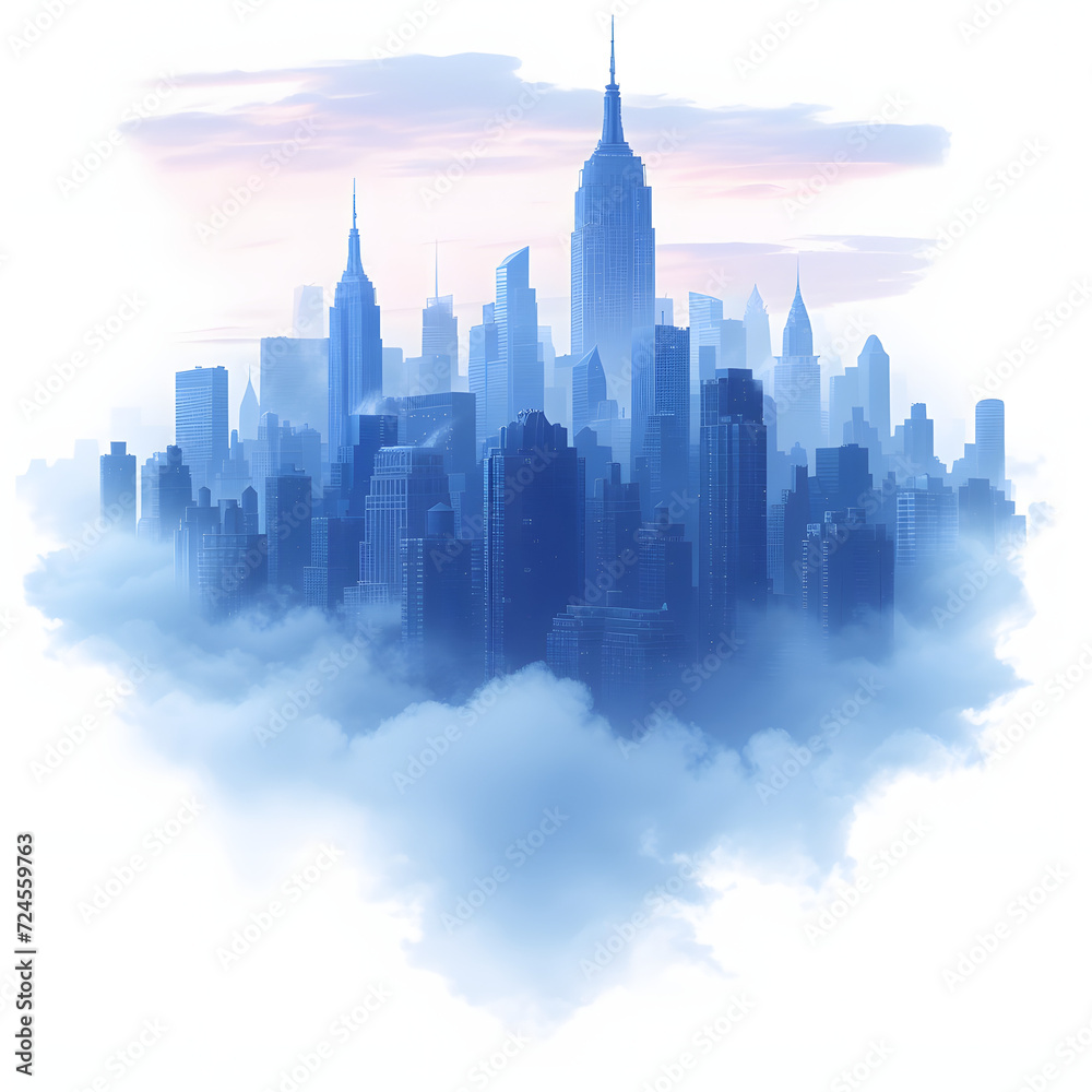 Smog-covered city skyline isolated on white background, isometry, png
