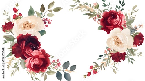 Floral wreath with red, white, pink, and yellow hydrangea on a white background.
