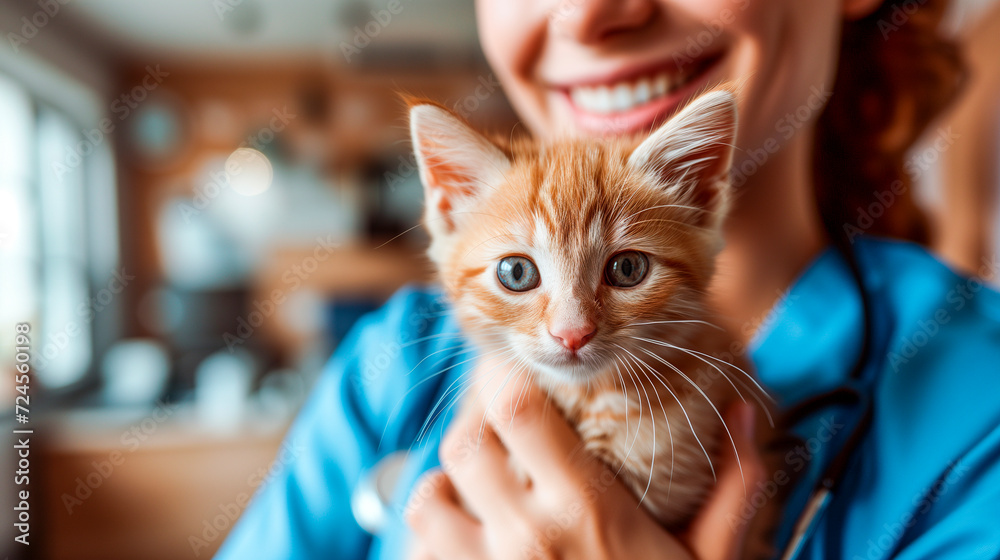 Small ginger kitten in hands of smiling veterinarian doctor. Banner of veterinary clinic.