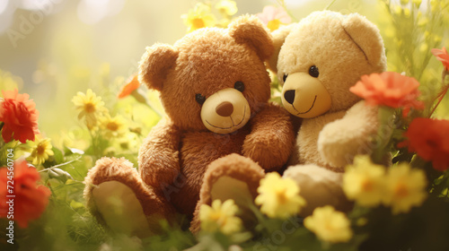 Couple teddy bears in flowers garden green grass, Valentine's day concept