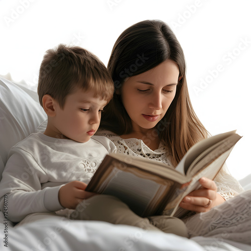 Parent reading bedtime stories to a child who resists sleep isolated on white background, cinematic, png 